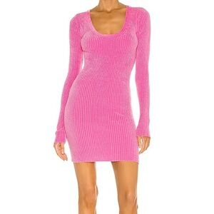 Helmut Lang Disco Pink Ribbed Knit Mini Dress XS Long Sleeve Bodycon Minimalist